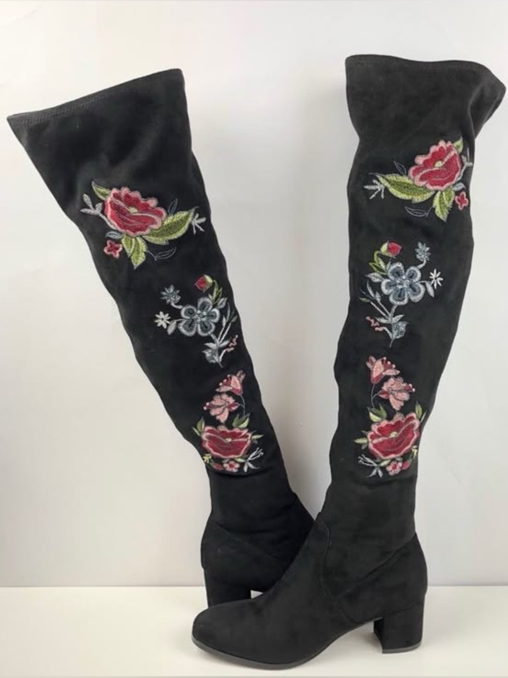 Floral Embroidered Black Knee-High Boots